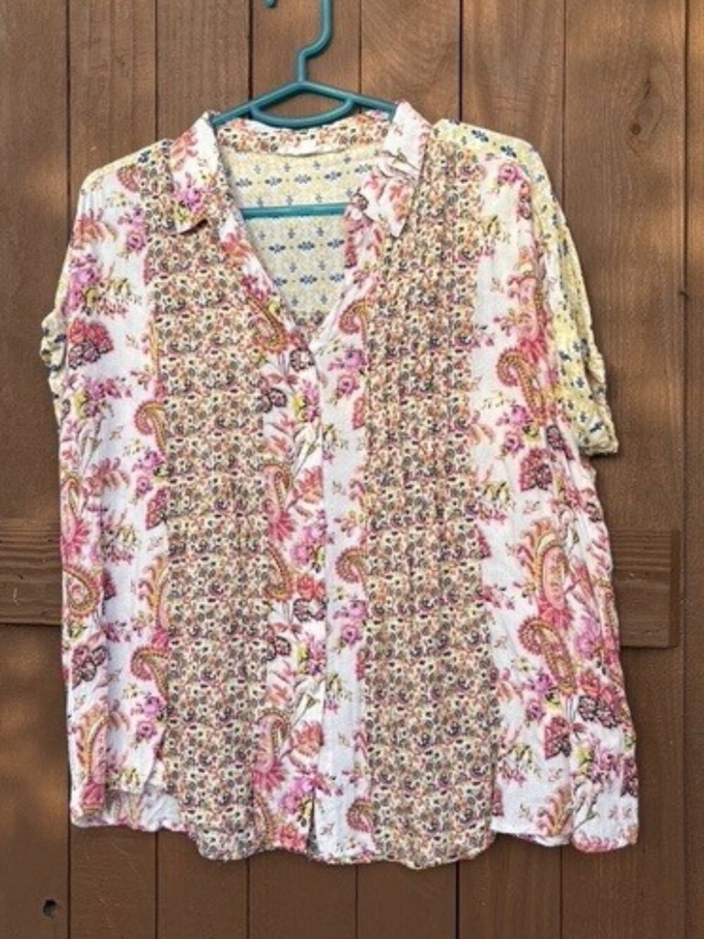 Jane + Delancey‎ Floral Paisley Print Button Up Shirt Tucks Short Sleeve Sz L